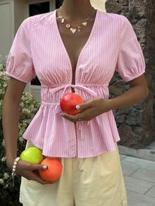 Livesso Countryside Style Holiday Easter Party Summer Vacation Pink Striped Petal Sleeve Tie Waist Women Blouse - Pink - View 7