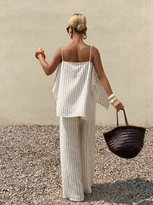 Livesso Conjunto de férias de verão feminino - Blusa regata branca com estampa listrada solta e calça casual, conjunto de 2 peças - Damasco - Ver 2