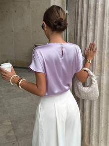 SHEIN Elegant Smart Casual Women's Light Purple Blouse, Summer Office Satin Top With Pearl-Embellished Buttons, Round Neck, Small V-Neck, Center Slit - Purple - View 2