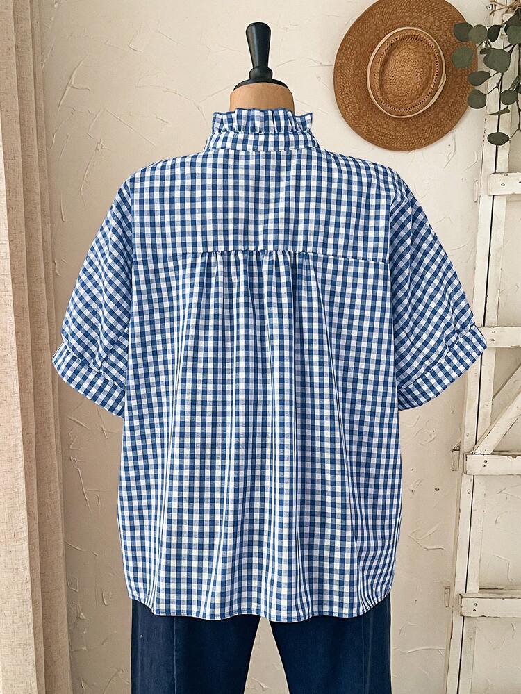 Plus Size Women's Spring Casual Frill Trim Blue Plaid Loose Blouse,Plus Size Women's Summer Casual Vacation Country Frill Trim Blue Plaid Loose Blouse Holiday,Spring Break,Vacation,Holiday,Going Out,2026 New,Simple And Fashionable For Everyday Wear,Casual Vacation Boho Top, Gingham Top, Checkered Top, Women Summer Shirt,Suitable For Summer, Vacation, Commute, Daily Wear, Going Out Tops, Festival Outfits For Women,Country Concert Outfit,Beach Outfits For Women,Western