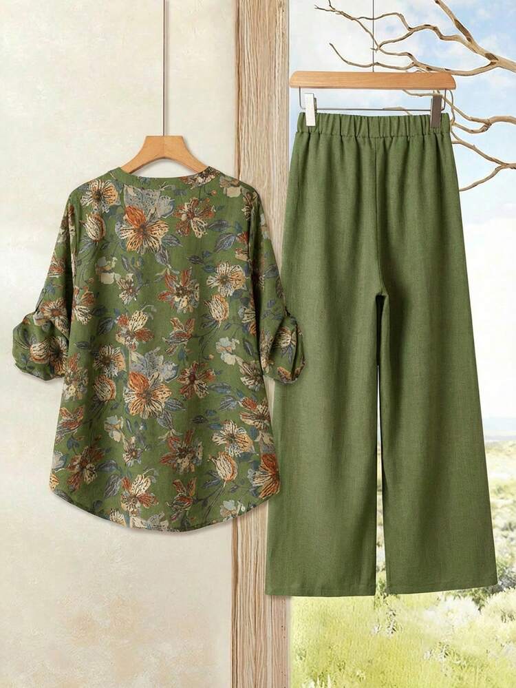2pc Set  Plus Size Women's Summer Casual Vacation Country Green  Floral Print Long Sleeve Shirt And  Pants 2-Piece Set,Summer Outfits For Women ,Vacation Outfits Women ,Holiday Outfits For Women,Going Out Outfits,2026 New Clothes,Simple And Fashionable For Everyday Wear,Suitable For Summer, Vacation, Daily Wear, Festival Outfits For Women,Country Concert Outfit,Beach Outfits For Women,Western Style