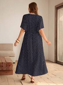 Roveilla Zanzea Plus Size Women's Navy Blue Polka Dot V-Neck Maxi Dress,Elegant Summer Vacation Puff Sleeve Hem Slit Button Decor Retro French Dress - Navy Blue - View 2