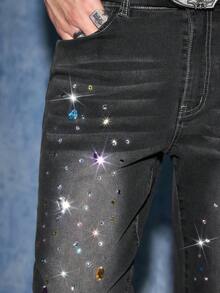 ROMWE MEN Jeans ajustados de moda para hombres con bolsillos elásticos con diamante de imitación y campana - Gris - Ver 3