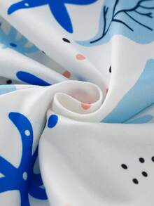 2 piezas Conjunto de pijama de niño pequeño con camisa tipo polo con estampado de estrella de mar y hojas y pantalón corto, de tela de punto suave y retardante de llamas - Blanco - Ver 7