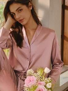 Bisouelle Bộ đồ ngủ satin cổ khăn choàng, trang phục thu đông - Bụi tím - Xem 6