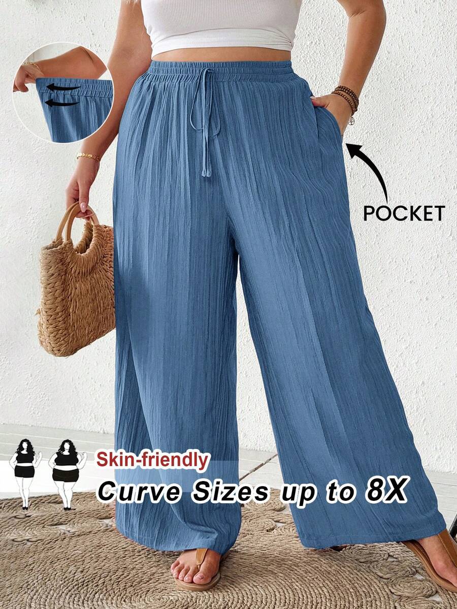 SHEIN CURVE+ 大尺碼女款夏季波西米亞風度假假日灰藍色寬腿口袋長褲,優雅通勤商務休閒沙灘風 - 藏蓝色 - 查看 1