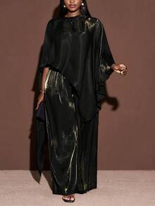 SHEIN CURVE+ Curve 尺码 US22 音乐节、海滨度假、波西米亚风女士亮面面料斗篷上衣和阔腿裤两件套，适合圣诞节/新年/派对/优雅女性风格/闪亮两件套/感恩节/正式场合 - 黑色 - 查看 4