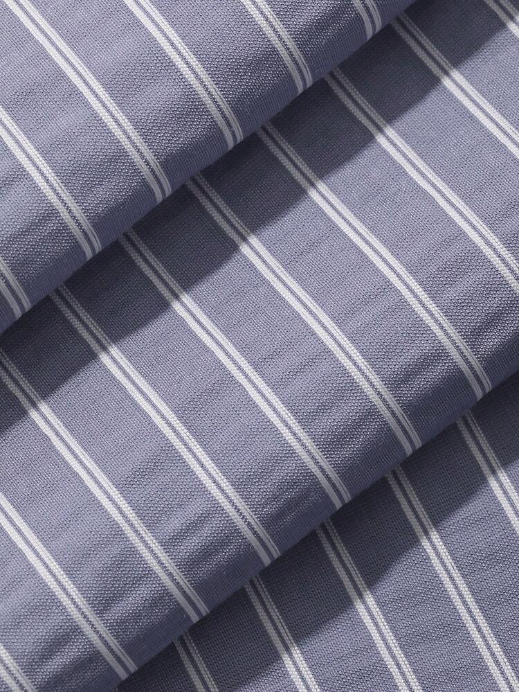 Women's Loose Casual Blue Striped Shirt And Pants 2 Pieces Set, Suitable For Spring And Summer