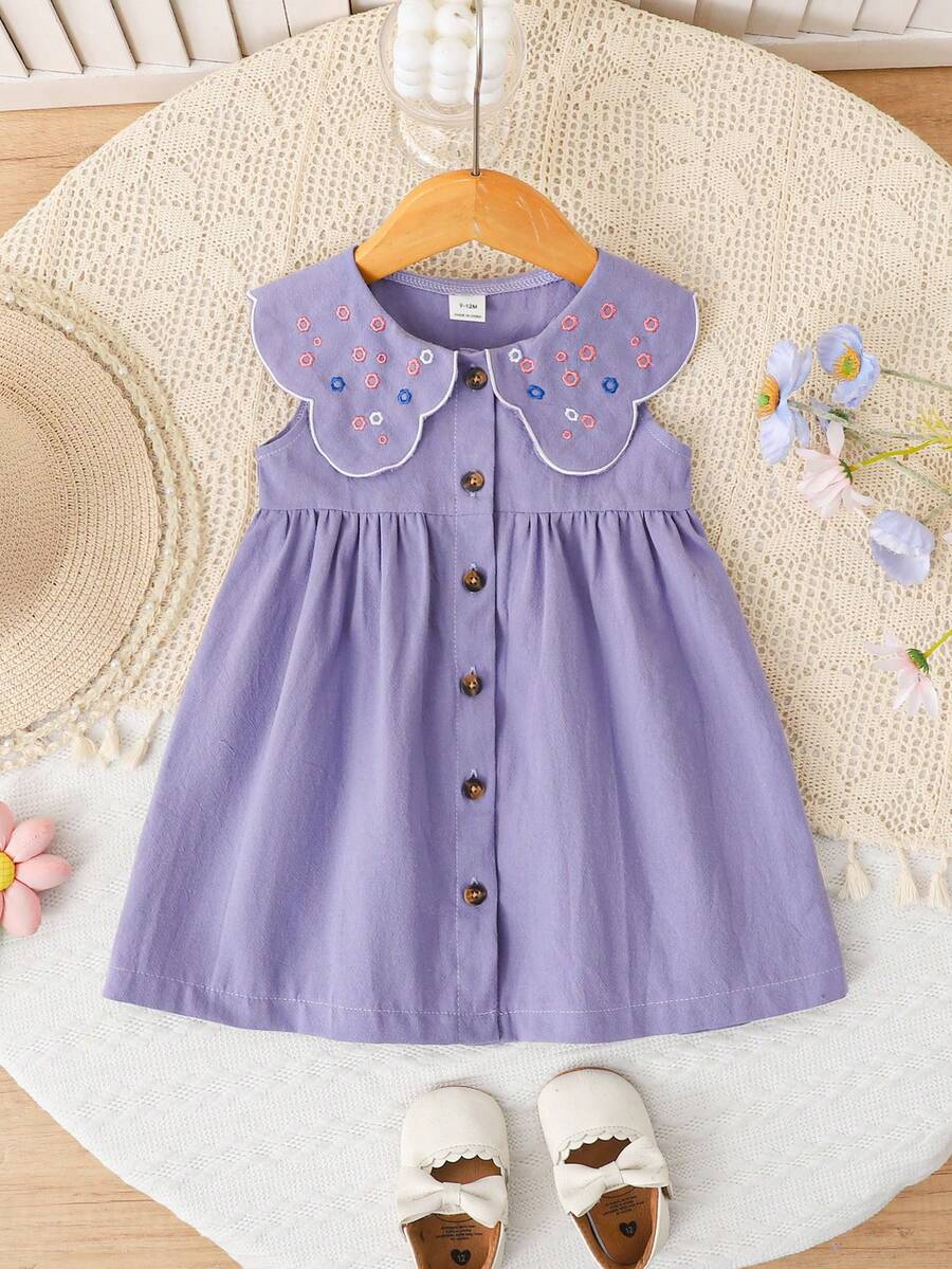 SHEIN Vintaside Kids 女嬰可愛田園簡約風高級刺繡圖案背心與A字無袖公主竹纖維洋裝,夏季 - 紫色 - 查看 1
