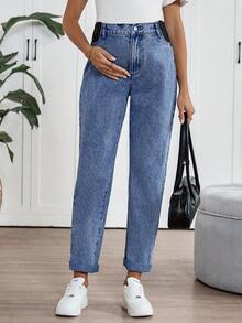 SHEIN Maternity Blue Denim Flared Cuff Pants - Medium Wash - View 1