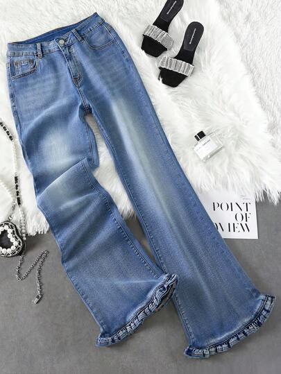 GlowEve Quần jean denim nữ màu trơn, có bèo nhún và túi, kiểu dáng thường ngày.