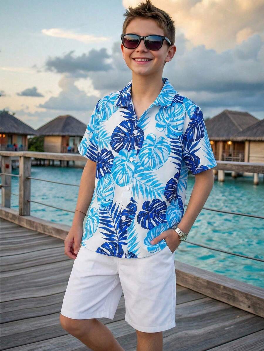 SHEIN Leap Crew Áo thun in họa tiết nhiệt đới tay ngắn mùa hè cho bé trai tuổi teen, không có áo phông - Màu xanh lam - Xem 1