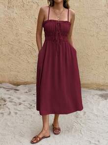 SHEIN Frenchy Women's Solid Color Oblique Pocket Casual Vacation Spaghetti Strap Mid-Length Dress - Dark Red - View 3