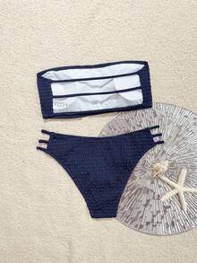 SHEIN Swim 2026春夏女士无肩带抹胸棕色露背性感度假侧高衩比基尼泳衣两件套 - 藏蓝色 - 查看 2