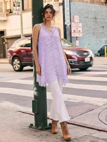 Freevana Plus Size Summer Sheer Contrast Lace Slip Dress Gym Brown - Mauve Purple - View 3