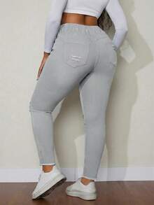 SHEIN SXY Quần jeans nữ cỡ lớn, cạp chun, kiểu rách, có dây rút, đa năng. - Màu Xám nhạt - Xem 2