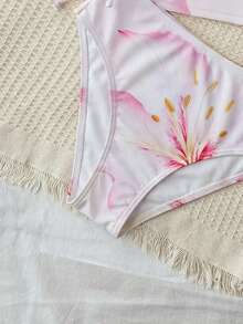 SHEIN Bộ bikini hai mảnh họa tiết hoa màu vàng dành cho thiếu nữ, thích hợp cho kỳ nghỉ biển, mùa xuân/hè. - Hồng - Xem 6