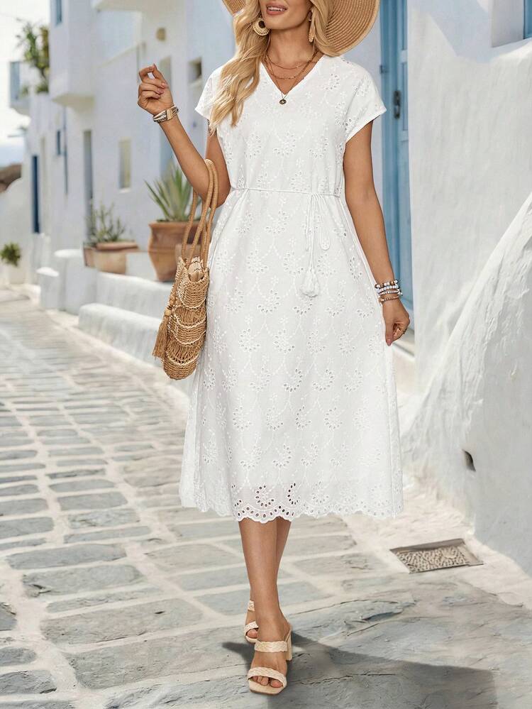 Women's Summer Casual Beach Vacation Solid Color Schiffy V-Neck Cap Sleeve Tassel Tie Waist Dress Summer Outfit For Women Summer Dress Graduation Dress For Women Elegant Dresses For Women Summer Holiday Outfits Vacation Dresses Vacation Outfits For Women Holiday Dresses Dresses For Holiday White Dress,Summer Dresses For Women White Casual Dresses For Women Modest Summer Outfits Women Picnic Dresses For Women Spring Outfits For Women Dresses