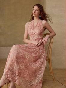 MOTF PREMIUM 优雅蕾丝印花女士夏日连衣裙 - 粉色 - 查看 3