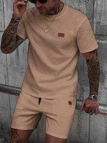 Manfinity CasualCool Men's V-Neck Ribbed T-Shirt + Drawstring Shorts Set - Khaki - View 5