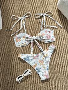 Swim Mod 2026 New Women's Summer Beach Vacation Cute Floral Print Spaghetti Strap Bow Tie Ruched Backless Sexy Casual High Waist Bikini Swimwear Set - Multicolor - View 2