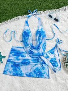 Swim Vcay 3pcs/Set Summer Vacation Sexy Floral Draped Neck Backless Drawstring Triangle Bikini Set With Ruched Slit Mini Skirt - Multicolor - View 1
