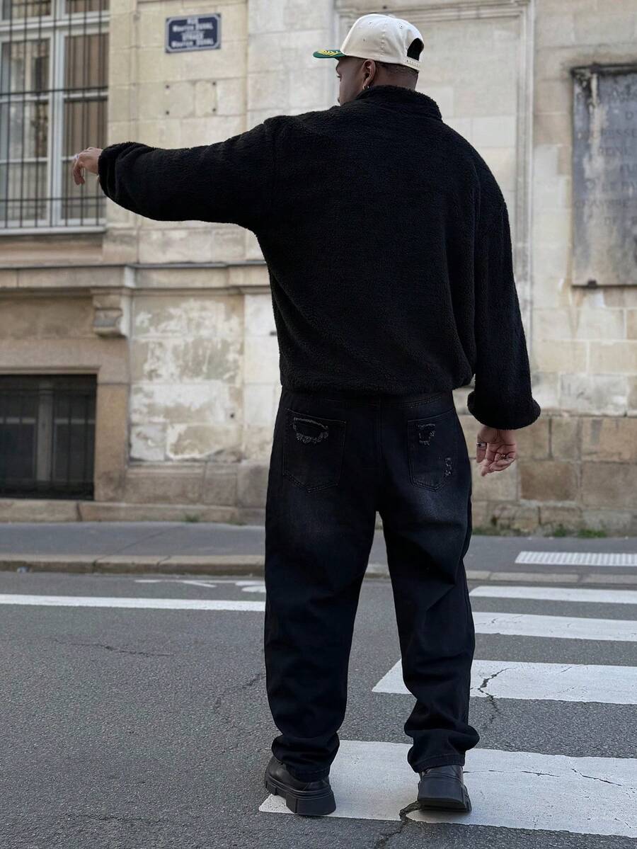 Heavens Edit 男士寬鬆版型破洞水洗休閒時尚牛仔褲 - 黑色 - 查看 1