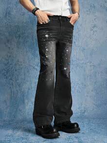 ROMWE MEN Jeans ajustados de moda para hombres con bolsillos elásticos con diamante de imitación y campana - Gris - Ver 4