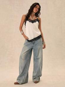 Áo camisole nữ phối ren tương phản, kiểu dáng tối giản, thường ngày. - Đỏ và trắng - Xem 4