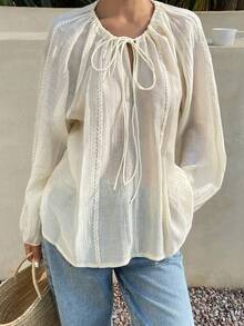 Livesso Cubre-todo bohemio de gasa con cordones y calado en blanco, elegante para ir y venir, de manga larga para mujer, para primavera y verano - Beis - Ver 2