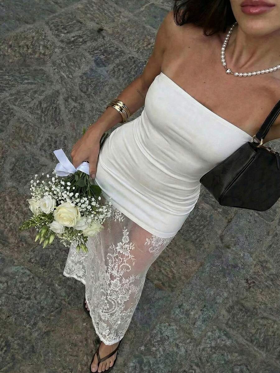 女士优雅精致浪漫舞会礼服婚礼宾客露背情人节派对蕾丝拼接连衣裙 - 白色 - 查看 1