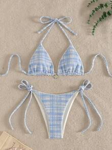 Swim MOD 2 Pieces Swimwear,Blue And White Textured Metallic Halter Triangle Top&Side Tie Bottom Bikini Set,Summer Tropical Holiday Pool Party - Blue and White - View 7
