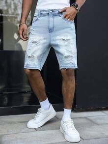 Manfinity EMRG Quần short denim nam màu xanh lam in họa tiết, phong cách đường phố thường ngày, rách rưới. - Rửa nhẹ - Xem 6