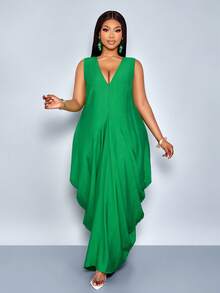 SOLERSUN Vestido midi plisado de envoltura holgada con cuello en V profundo sin mangas de lino de algodón sintético de unicolor para mujeres de talla grande. Un vestido versátil y elegante, adecuado para el uso diario, vacaciones en la playa, el Día de San Patricio, Pascua, festivales de música, fiestas, citas, temporada de bodas, estilo callejero, estilo bohemio, noble y elegante, moderno. - Verde - Ver 6