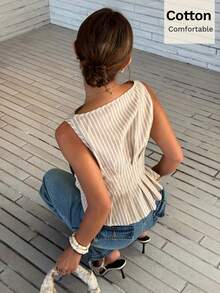 Siren Gaze Nouvelle chemise ajustée sans manches à rayures abricot pour femmes, printemps/été - Nude - Voir 3