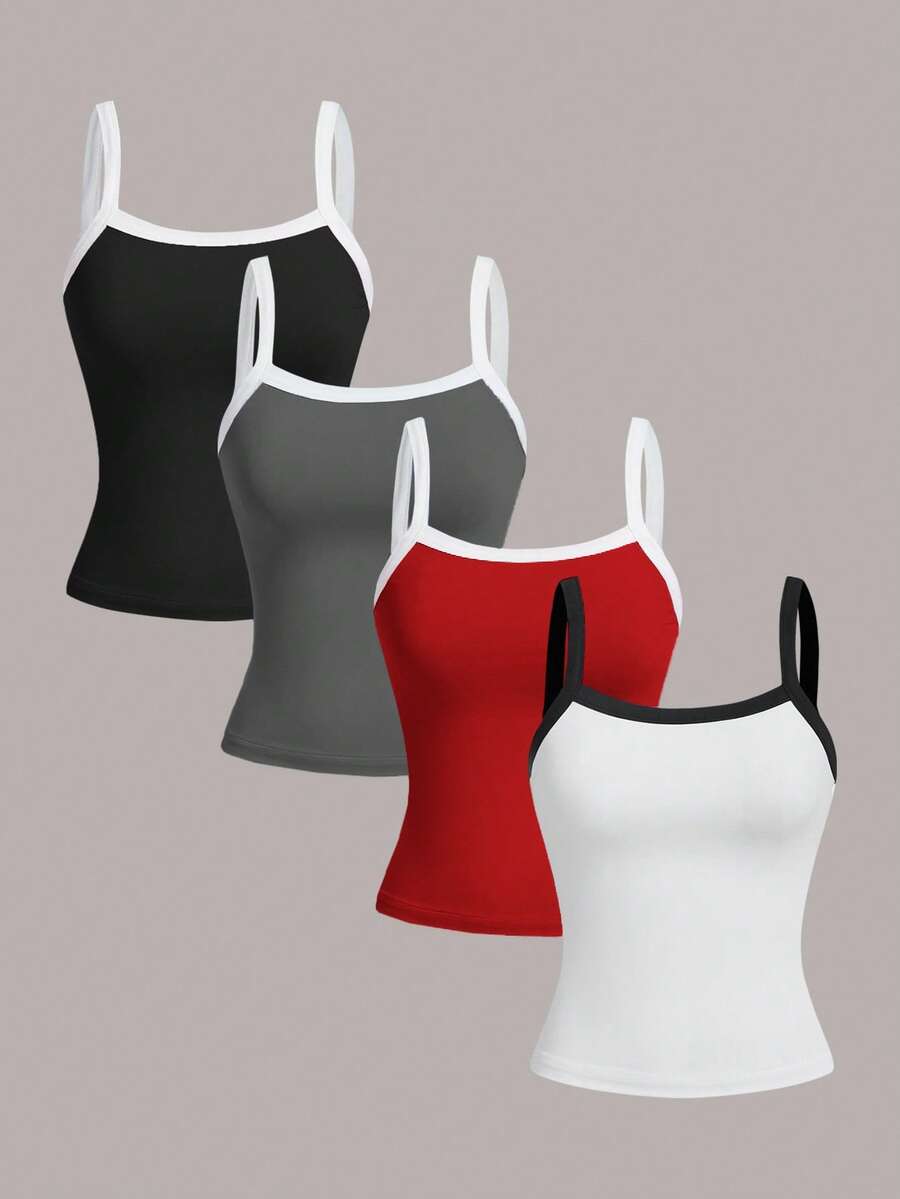 SHEIN Girlism Áo camisole thể thao mùa hè cho nữ tuổi teen, phối màu đen trắng hồng xanh dương, bộ 4 áo vest, áo thun tennis. - Nhiều màu - Xem 1