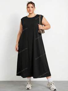 SHEIN CURVE+ Curve 尺码 US22 音乐节、海滨度假、波西米亚风女士纯色黑色圆领简约长款阿拉伯风格连衣裙、休闲度假、黑色连衣裙 - 黑色 - 查看 8