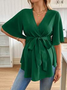 SHEIN Maternity Solid Color V-Neck Ruffle Trim Shirt With Belt - Dark Green - View 3