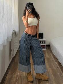 StreetHx Women's Fashion Casual Low Waist Striped Wide Leg Cropped Jeans - Dark Wash - View 5