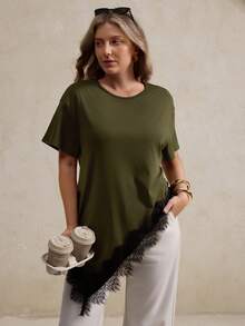 Olive Green Round Neck Asymmetric Hem Lace Patchwork Short Sleeve T-Shirt, Fashionable Casual Plus Size Top - Army Green - View 7