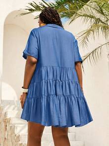 EMERY ROSE Zanzea Plus Size Women's Light Blue Solid Color Casual Single-Breasted Short Sleeve Dress, Boho Summer Vacation Holiday Beach Formal Outfits Country - Blue - View 2