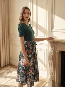 Suri Mira Women's Elegant Floral Print Patchwork Mid-Length Dress, Summer - Green - View 3