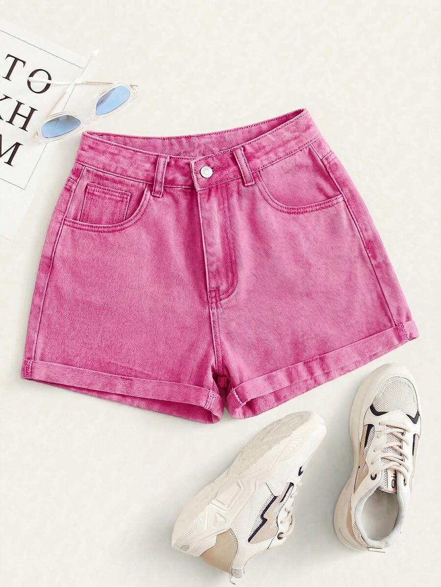Rivivi Summer Rolled High-Rise Denim Shorts - Pink - View 1