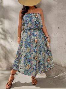 Breezaya Plus Size Ruffle Hem Dress With Large Floral Print, Vacation Style - Green - View 4