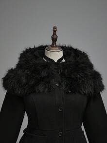 ROMWE Áo khoác cỡ lớn màu đen kiểu dáng cổ điển in hình lâu đài Gothic, thích hợp cho mùa thu/đông, dành cho nữ, có mũ và cổ lông xù, thích hợp cho dịp Giáng sinh. - màu đen - Xem 5