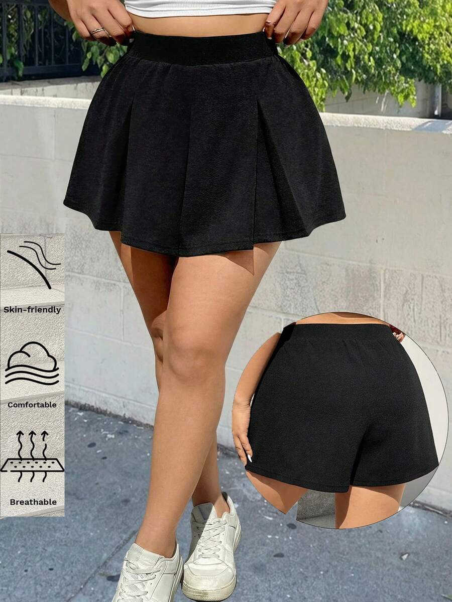 Muchica Plus Size Solid Color Casual Simple Summer New Sports Mini Shorts,Summer /Spring Women,Spring Break - Black - View 1