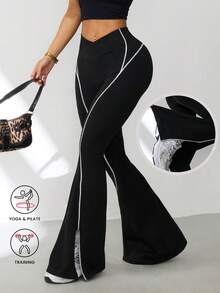 Seamluxe SHEIN Sport 1件装女士无缝撞色条纹侧开衩运动瑜伽体操户外紧身裤喇叭裤 - 黑與白 - 查看 8