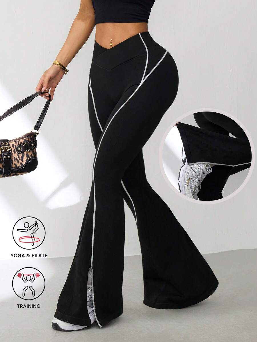 Seamluxe SHEIN Sport 1 chiếc quần legging nữ không đường may, phối màu tương phản, xẻ tà bên hông, thích hợp tập luyện yoga, thể dục dụng cụ, hoạt động ngoài trời, kiểu ống loe. - Đen và trắng - Xem 1