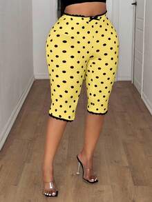 Maweii Plus Size Polka Dot Print Lace Patchwork Bow Decor Leggings - Yellow - View 5