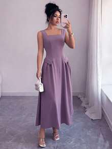 Elenzga Women's French Elegant Square Neck Fitted A-Line Pleated Hem Dress - Purple - View 5